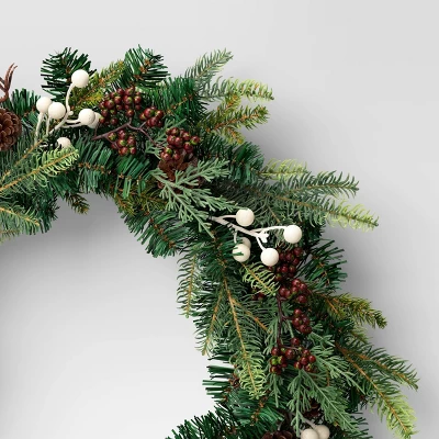 28" Mixed Greenery With White Berries With Pinecones Artificial Christmas Wreath Green - Wondershop™ - Image 2