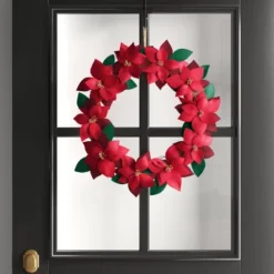 18" Fabric Poinsettia Flower Decorative Christmas Wreath Red/Green - Wondershop™